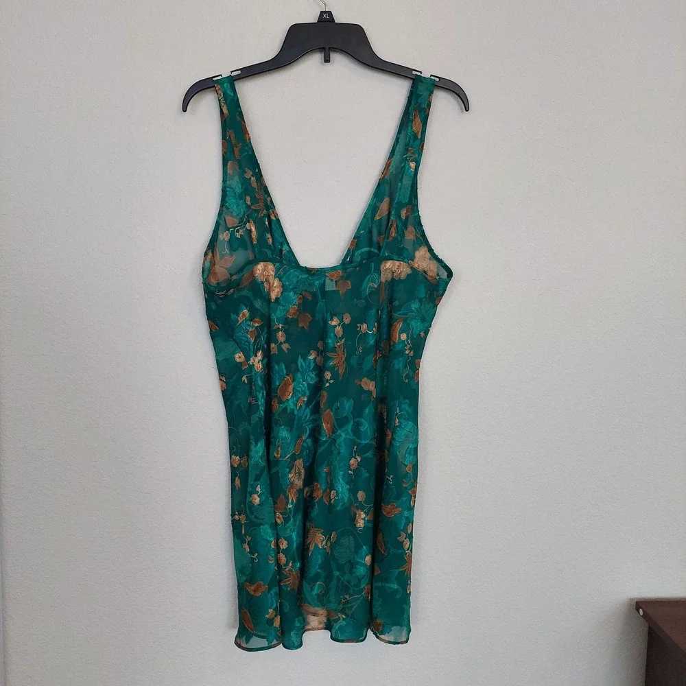 Katherine Bishop Teal Floral Sheer‎ Babydoll Chemise Nightgown Large